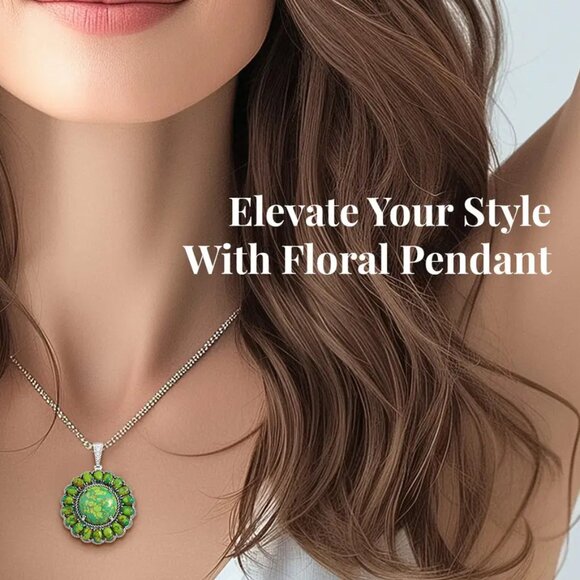 Green Mojave Howlite Large Round Floral Pendant 20" Necklace NWT - Picture 2 of 14